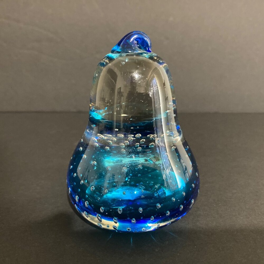 Vintage Blue Clear Pear Art Glass Paperweight Controlled Bubbles